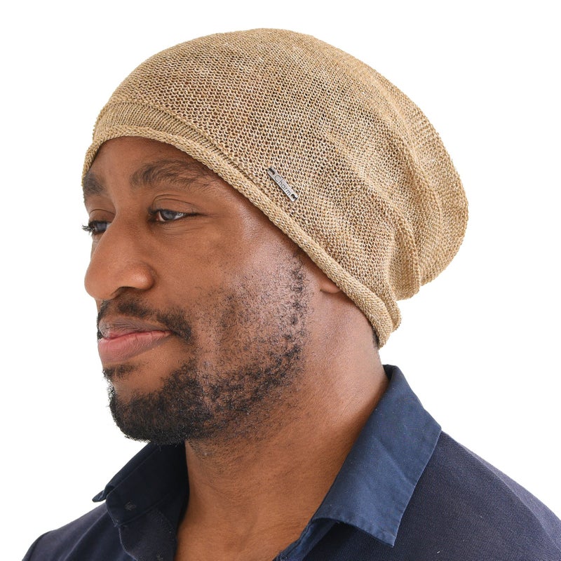 CHARM Linen Beanie Hat for Summer - Mens Slouchy Beanie Womens Baggy Knit Cap Cooling Hat Beige - Image 1
